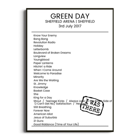 Green Day Sheffield 03 July 2017 Setlist Poster