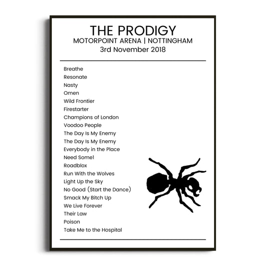 The Prodigy Nottingham 03 November 2018 Setlist Poster