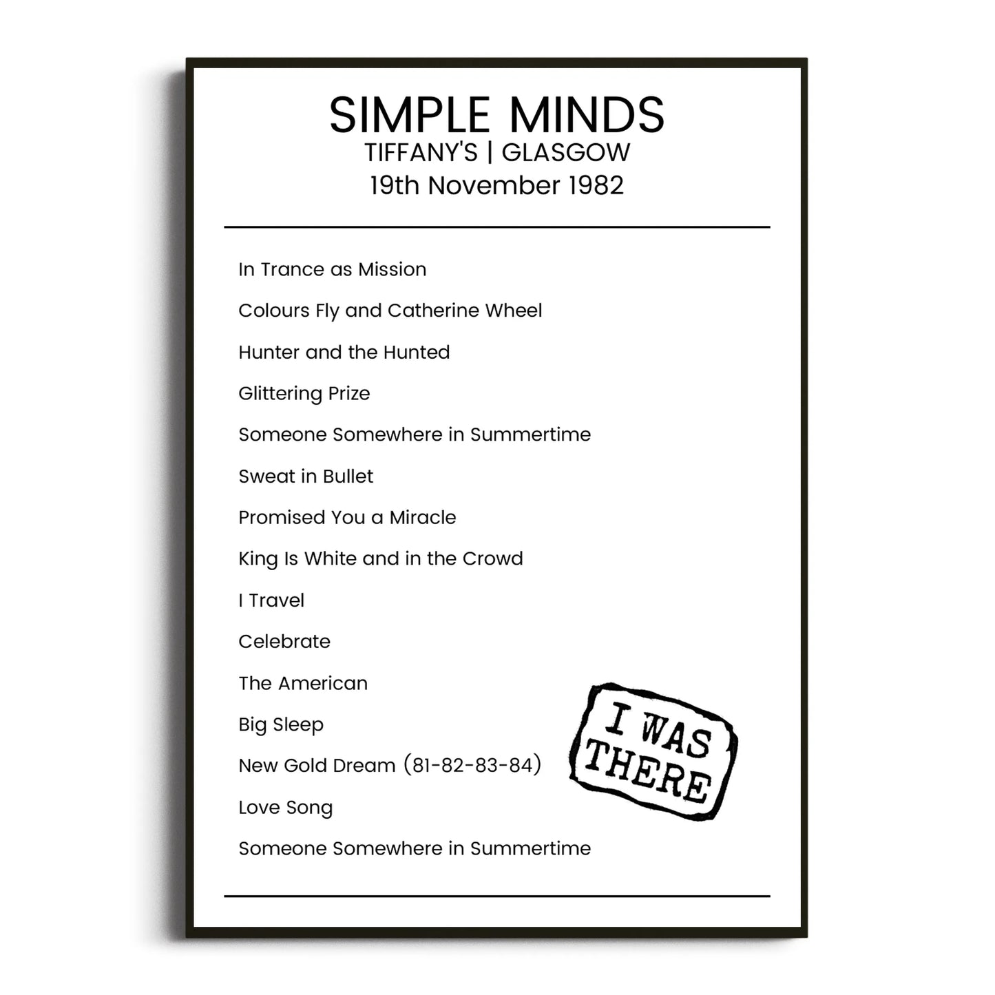 Simple Minds Glasgow 19 November 1982 Setlist Poster