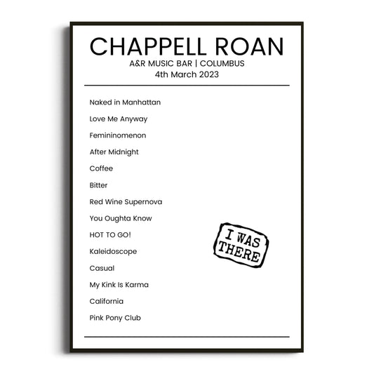 Chappell Roan Columbus 04 March 2023 Setlist Poster