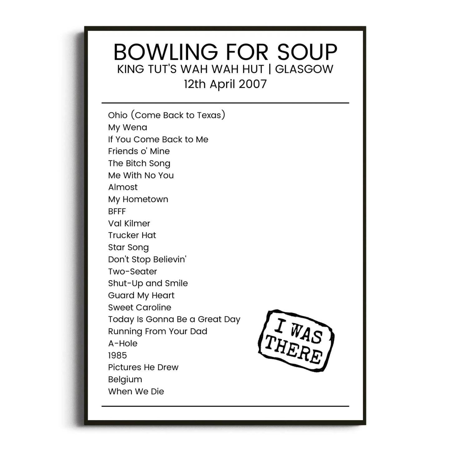 Bowling for Soup Glasgow 12 April 2007 Setlist Poster