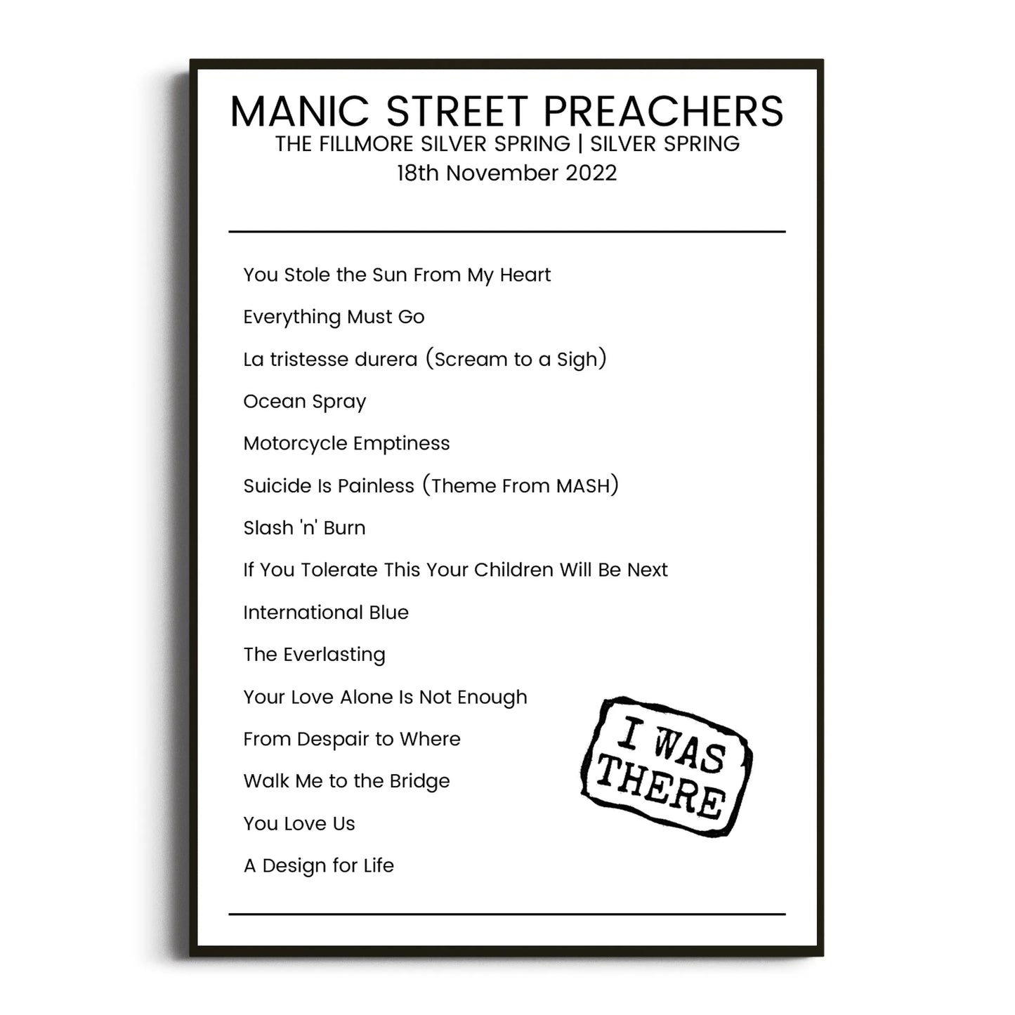 Manic Street Preachers Silver Spring 18 November 2022 Setlist Poster