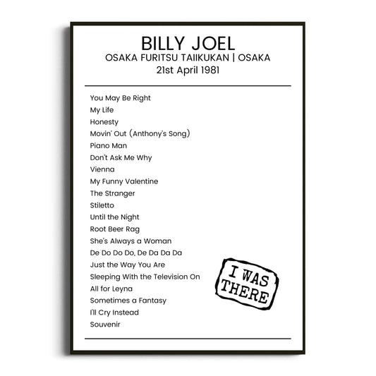 Billy Joel Osaka 21 April 1981 Setlist Poster