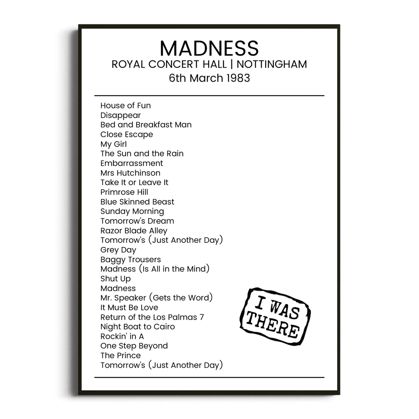 Madness Nottingham 06 March 1983 Setlist Poster