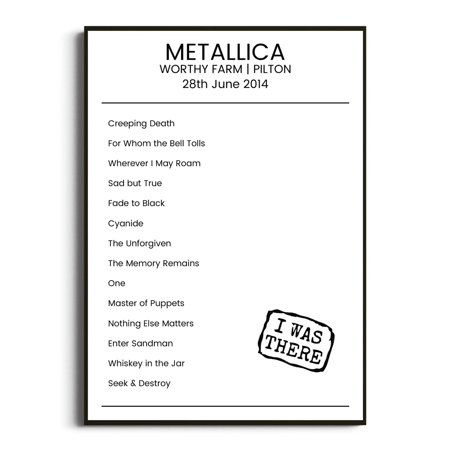 Metallica Pilton 28 June 2014 Setlist Poster