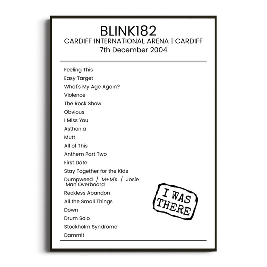 blink‐182 Cardiff 07 December 2004 Setlist Poster