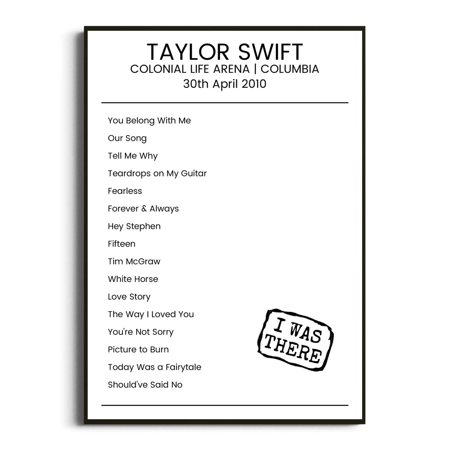 Taylor Swift Columbia 30 April 2010 Setlist Poster