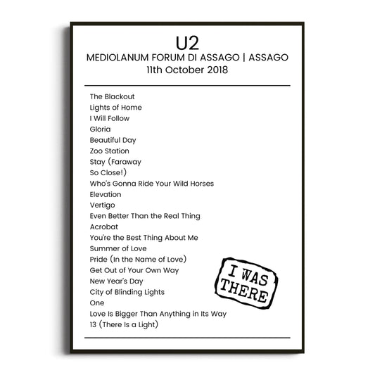 U2 Assago 11 October 2018 Setlist Poster