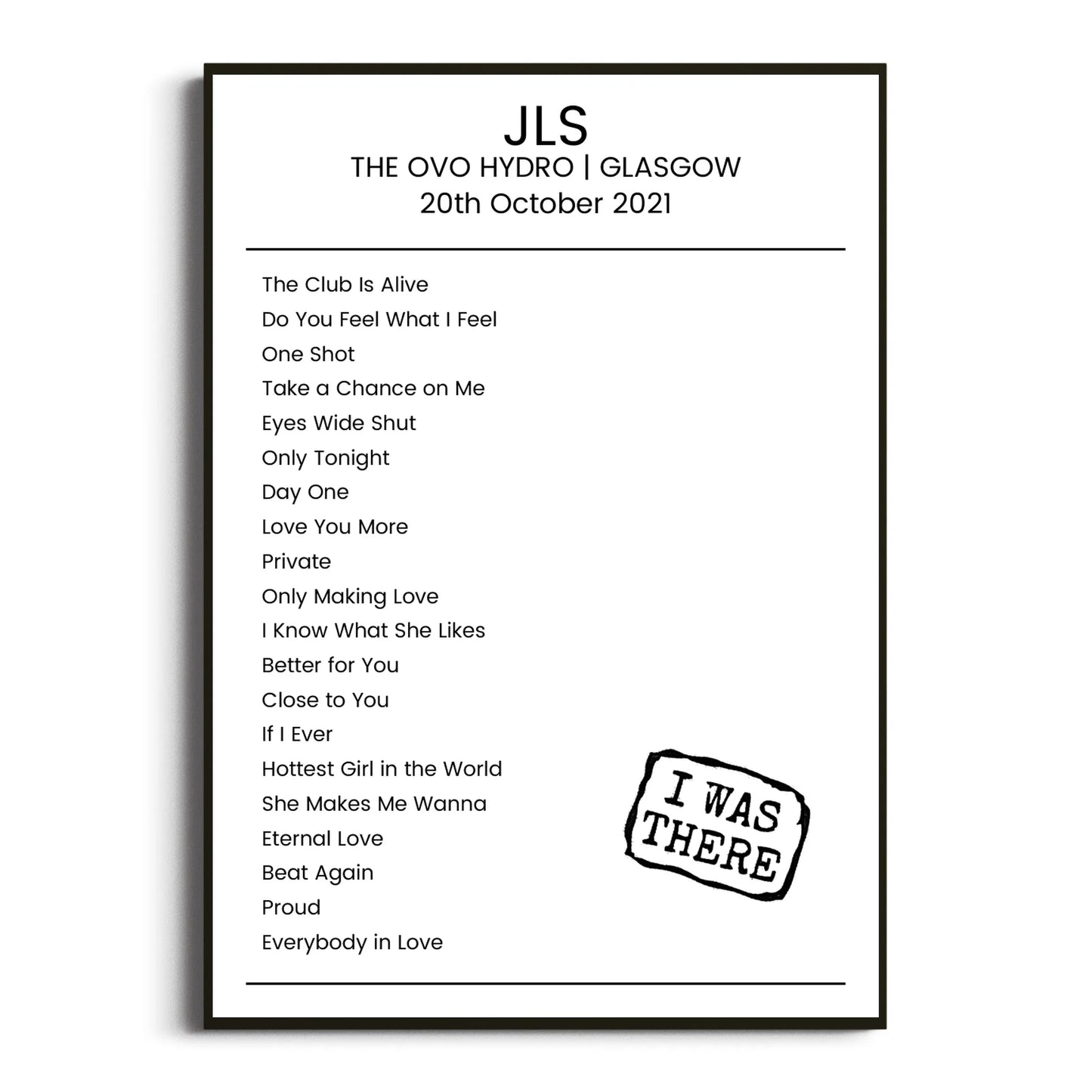 JLS Glasgow 20 October 2021 Setlist Poster