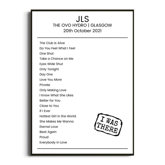 JLS Glasgow 20 October 2021 Setlist Poster