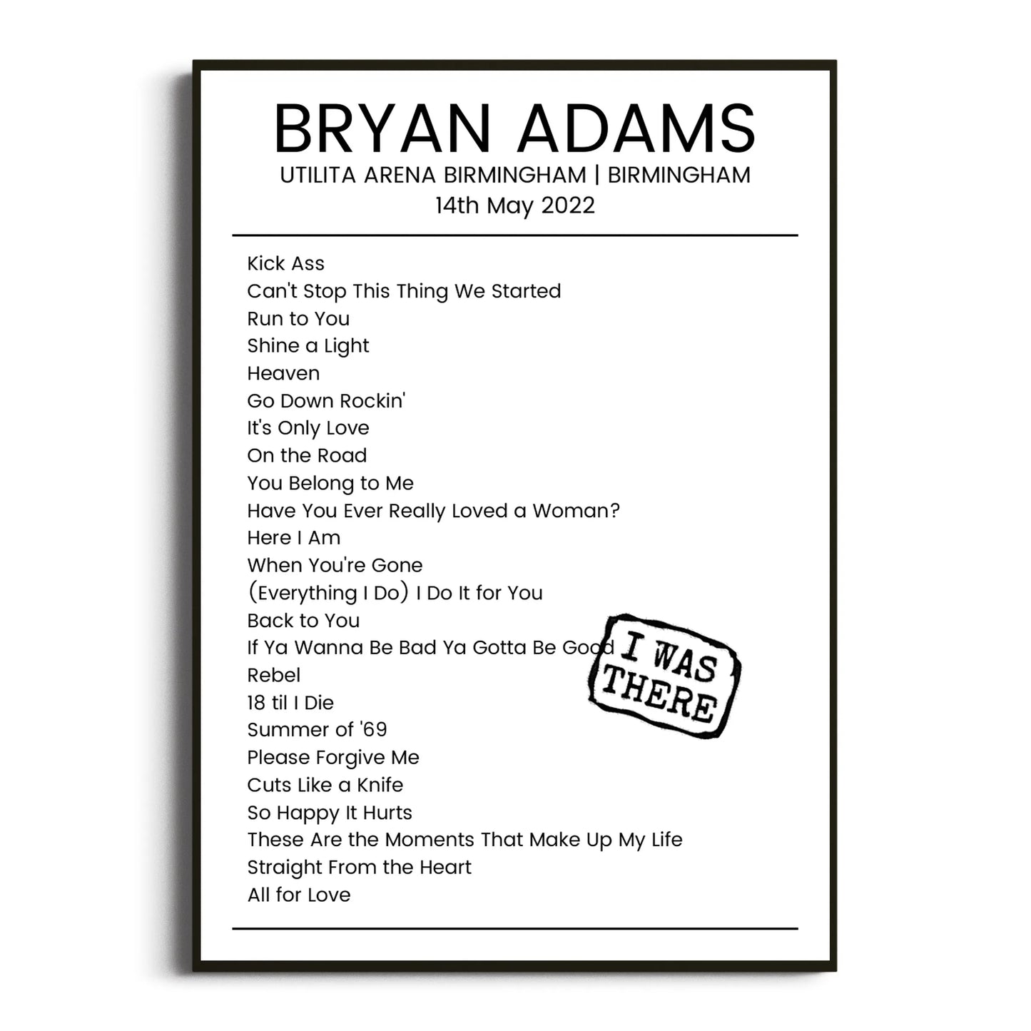 Bryan Adams Birmingham 14 May 2022 Setlist Poster