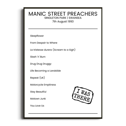 Manic Street Preachers Swansea 07 August 1993 Setlist Poster