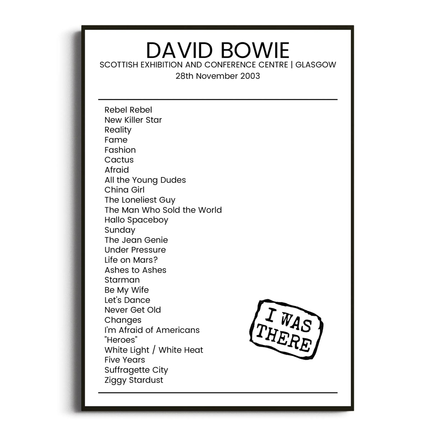 David Bowie Glasgow 28 November 2003 Setlist Poster