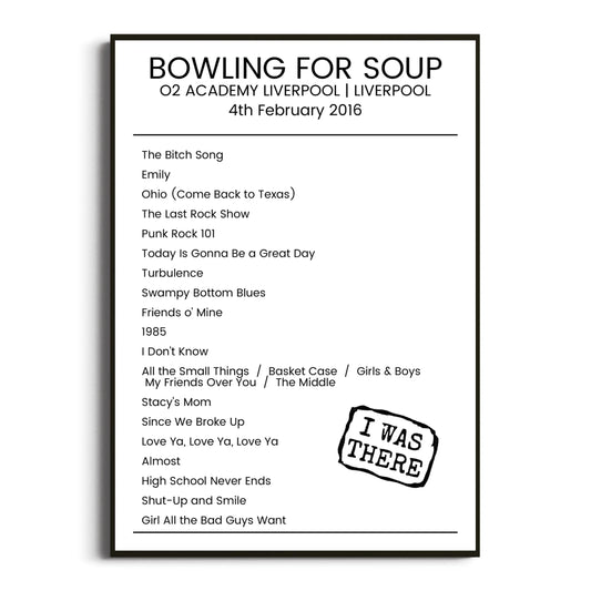 Bowling for Soup Liverpool 04 February 2016 Setlist Poster