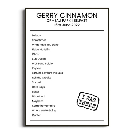 Gerry Cinnamon Belfast 16 June 2022 Setlist Poster