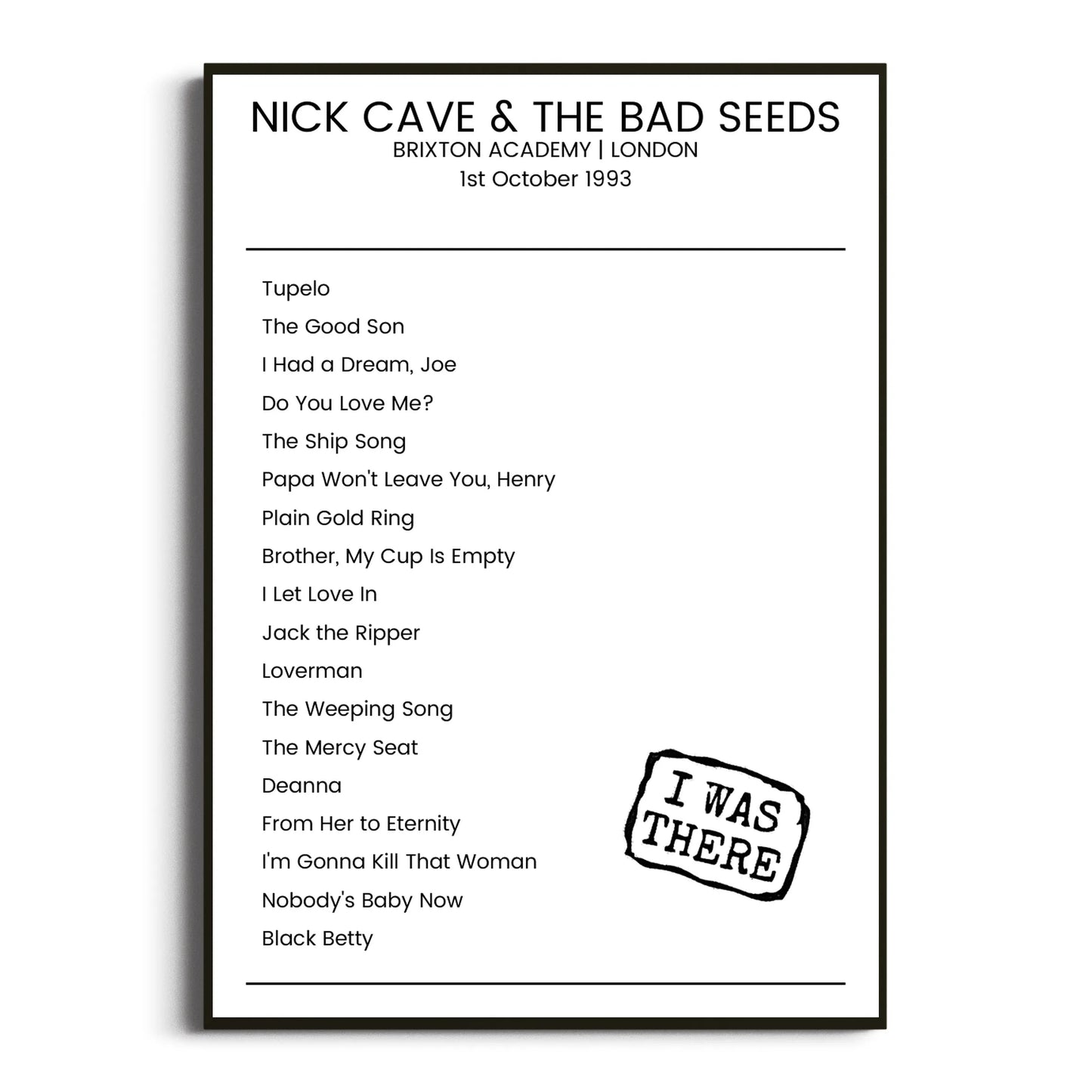 Nick Cave & the Bad Seeds London 01 October 1993 Setlist Poster