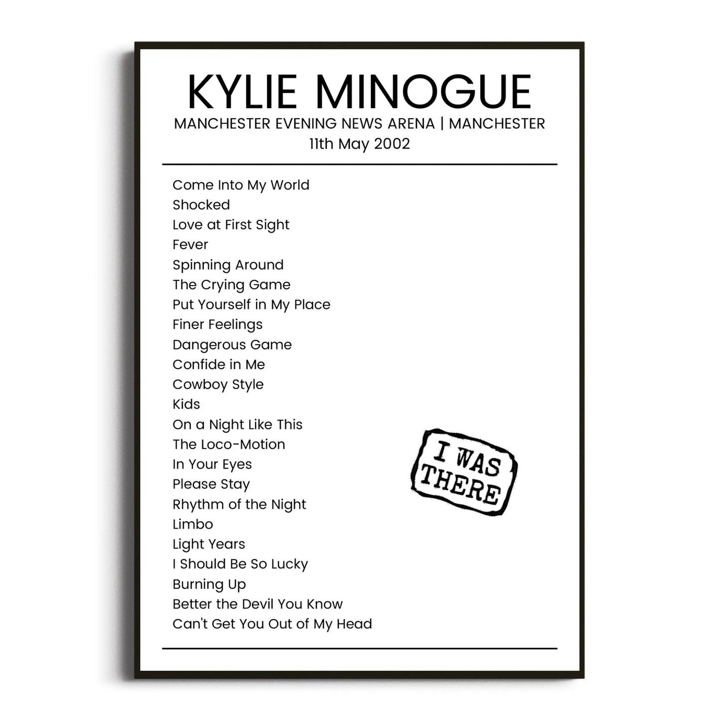 Kylie Minogue Manchester 11 May 2002 Setlist Poster