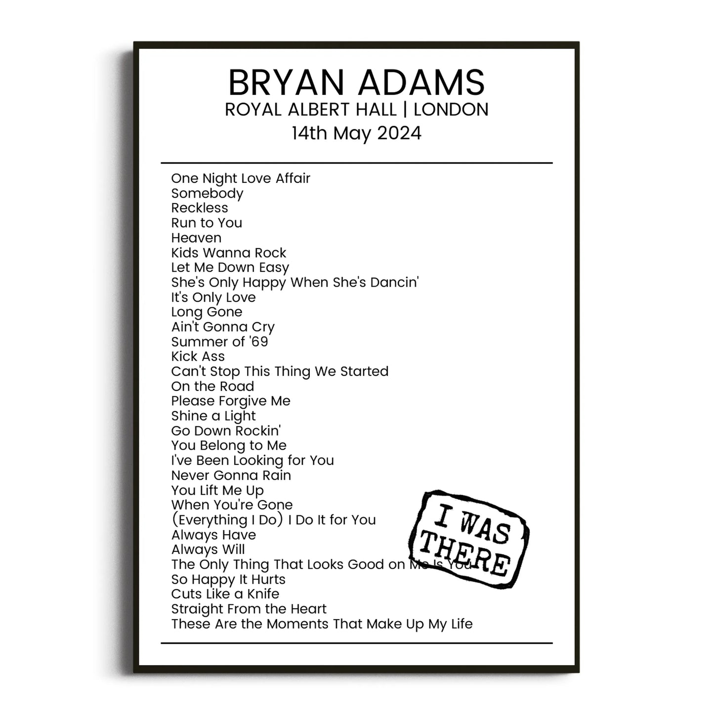 Bryan Adams London 14 May 2024 Setlist Poster