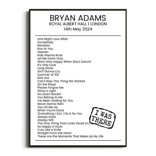 Bryan Adams London 14 May 2024 Setlist Poster