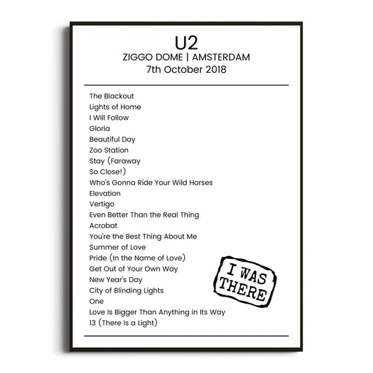 U2 Amsterdam 07 October 2018 Setlist Poster