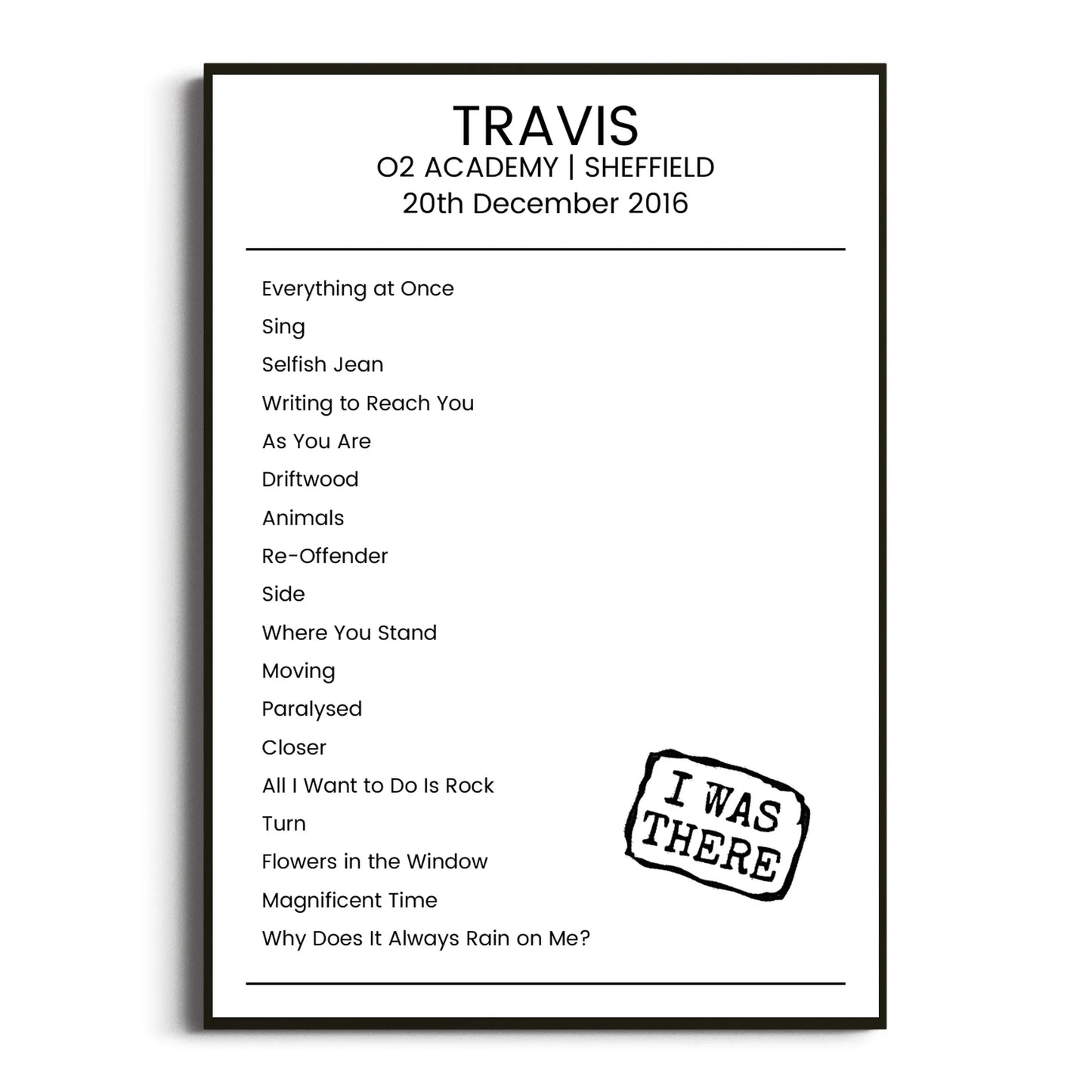 Travis Sheffield 20 December 2016 Setlist Poster