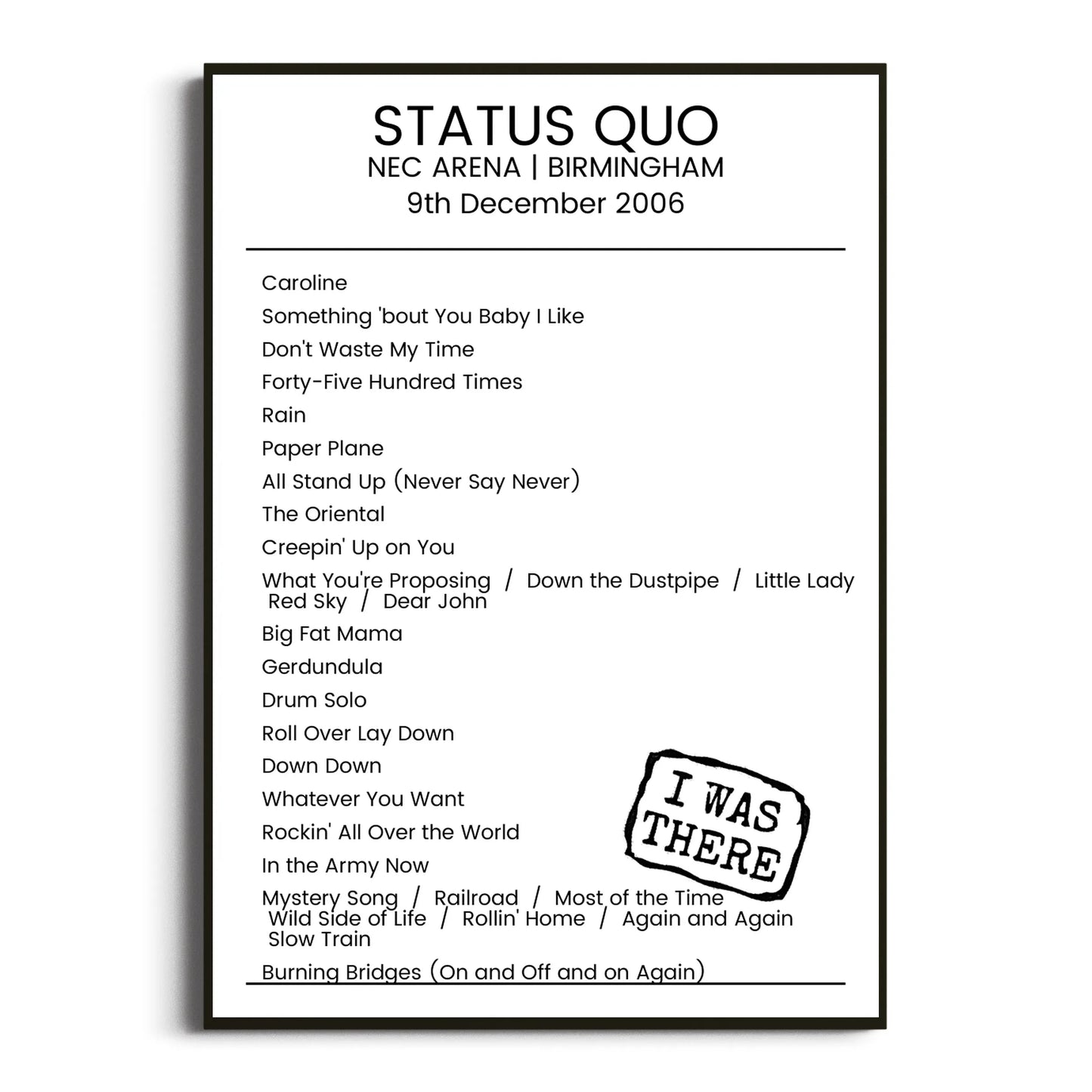 Status Quo Birmingham 09 December 2006 Setlist Poster