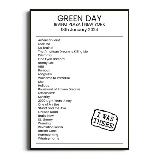 Green Day New York 18 January 2024 Setlist Poster