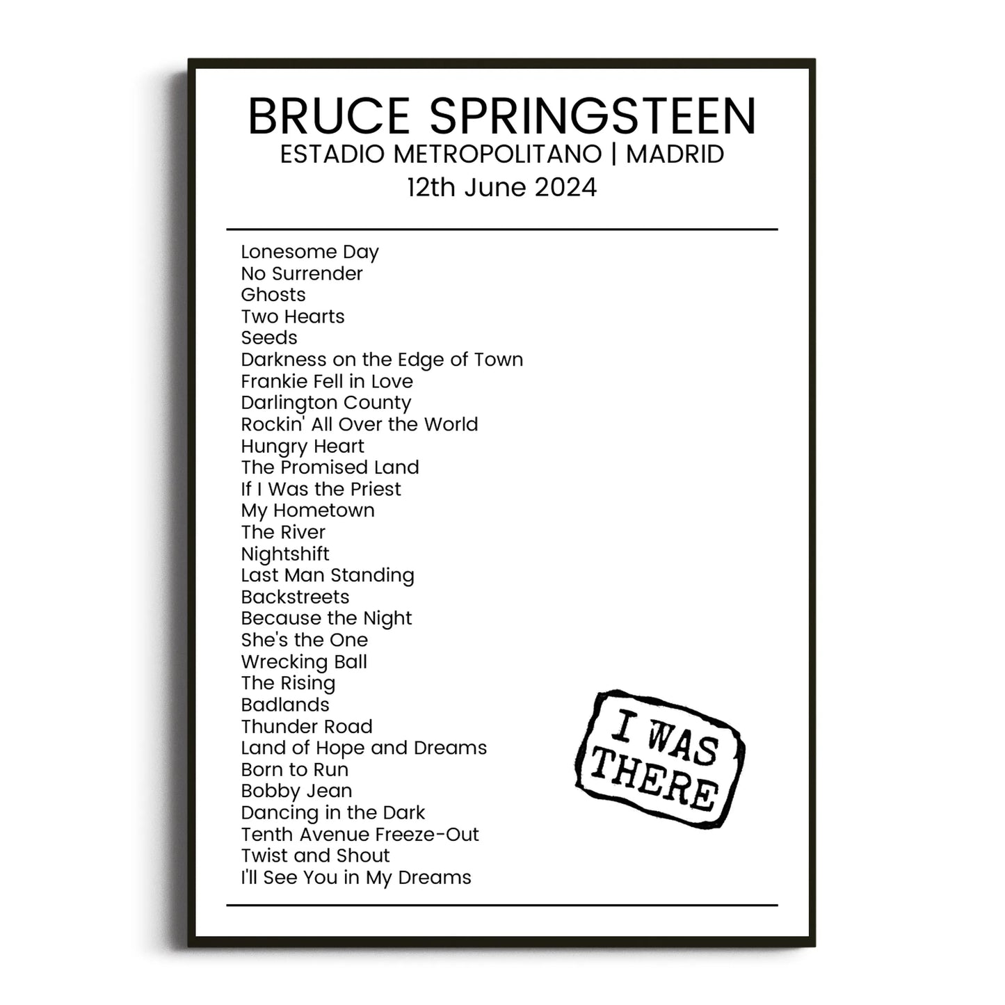 Bruce Springsteen Madrid 12 June 2024 Setlist Poster