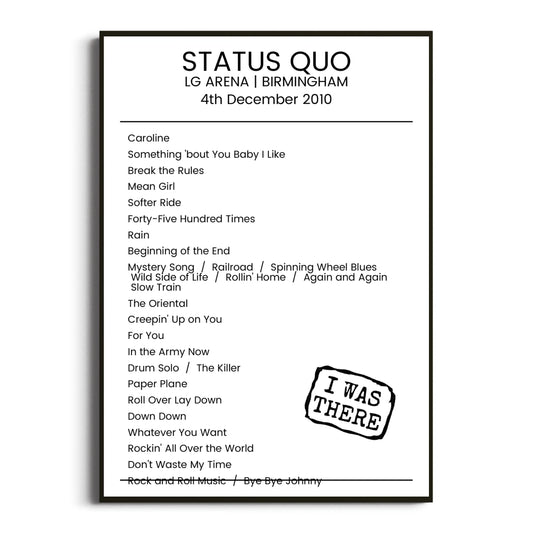 Status Quo Birmingham 04 December 2010 Setlist Poster