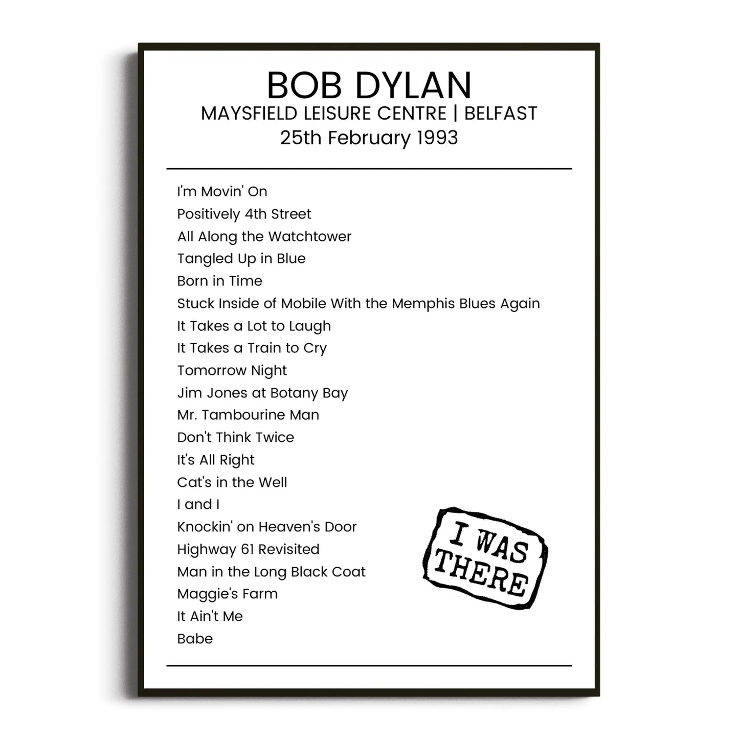 Bob Dylan Belfast 25 February 1993 Setlist Poster