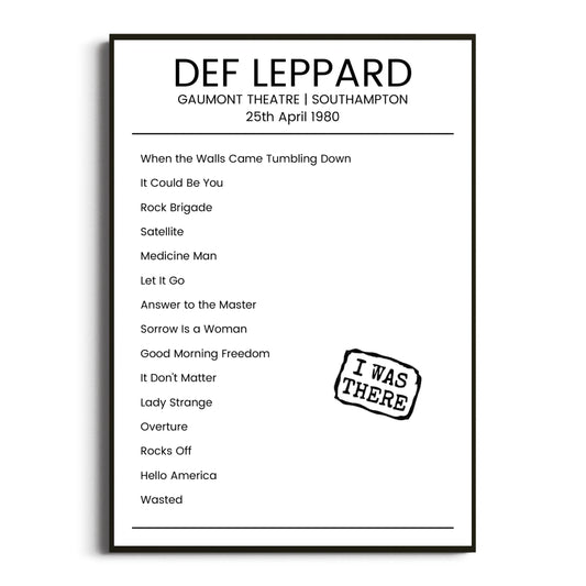 Def Leppard Southampton 25 April 1980 Setlist Poster