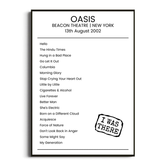 Oasis New York 13 August 2002 Setlist Poster