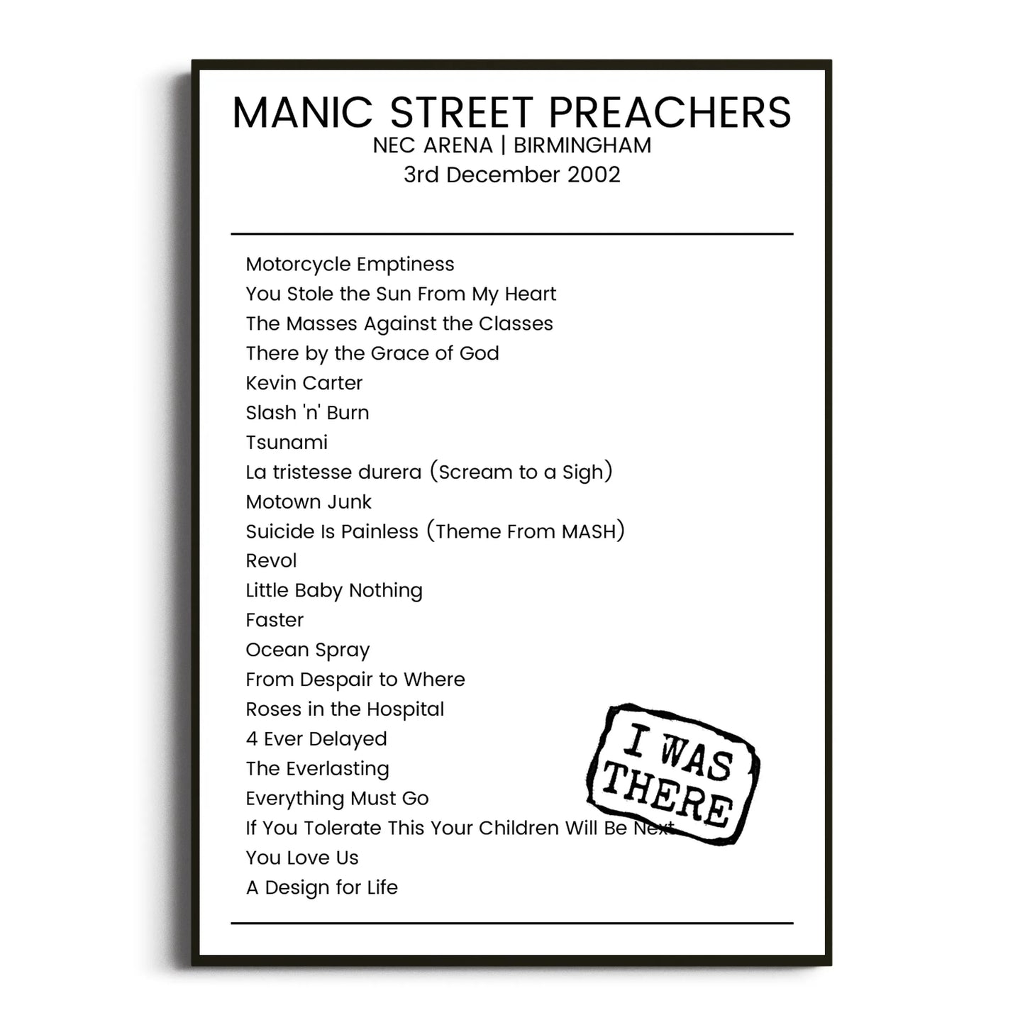 Manic Street Preachers Birmingham 03 December 2002 Setlist Poster