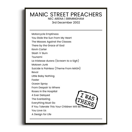 Manic Street Preachers Birmingham 03 December 2002 Setlist Poster