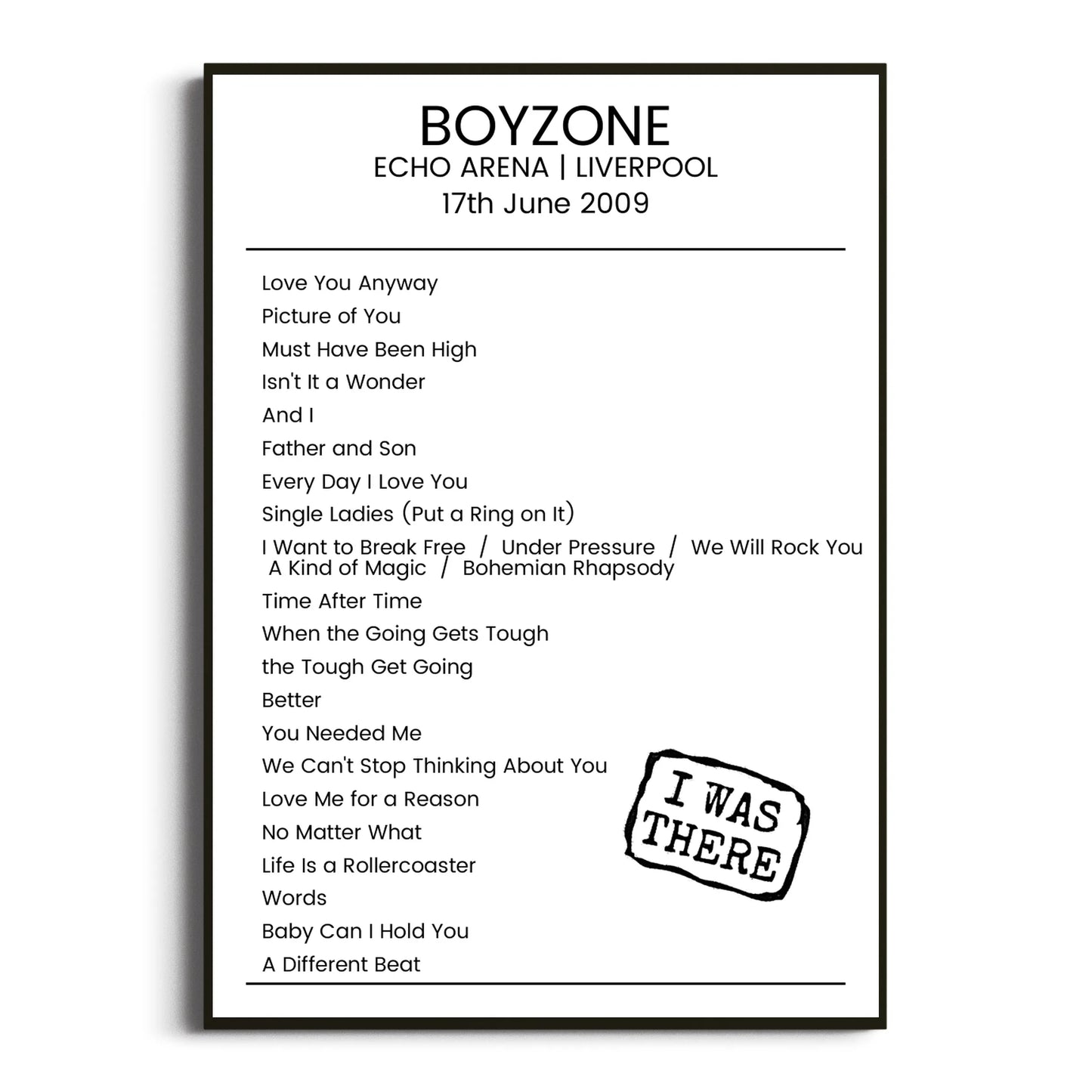 Boyzone Liverpool 17 June 2009 Setlist Poster