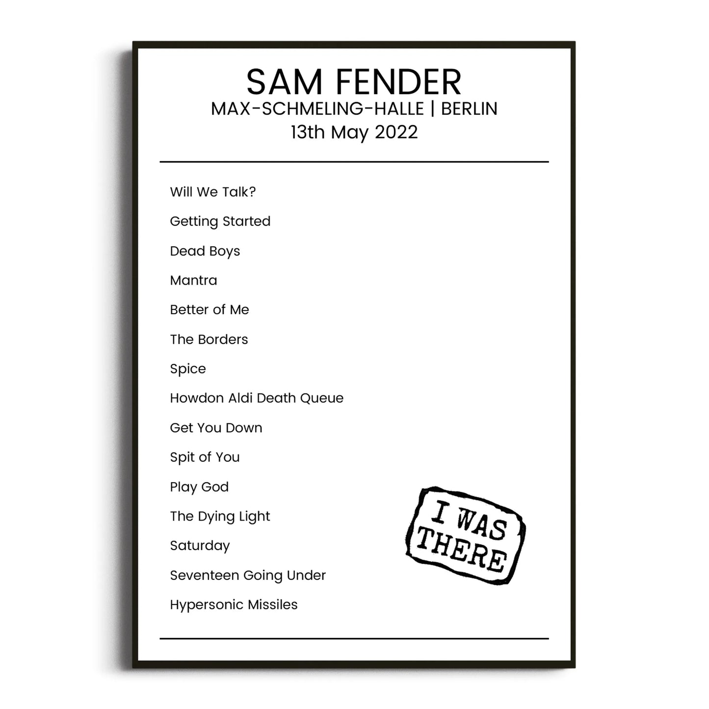 Sam Fender Berlin 13 May 2022 Setlist Poster