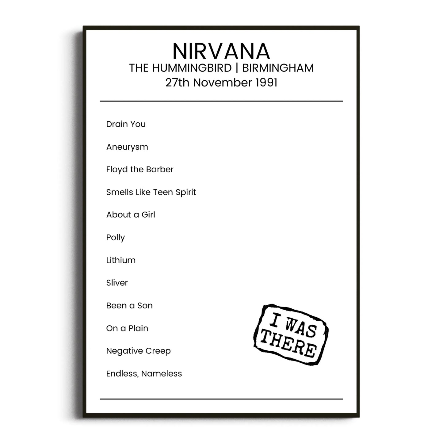 Nirvana Birmingham 27 November 1991 Setlist Poster