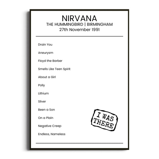 Nirvana Birmingham 27 November 1991 Setlist Poster