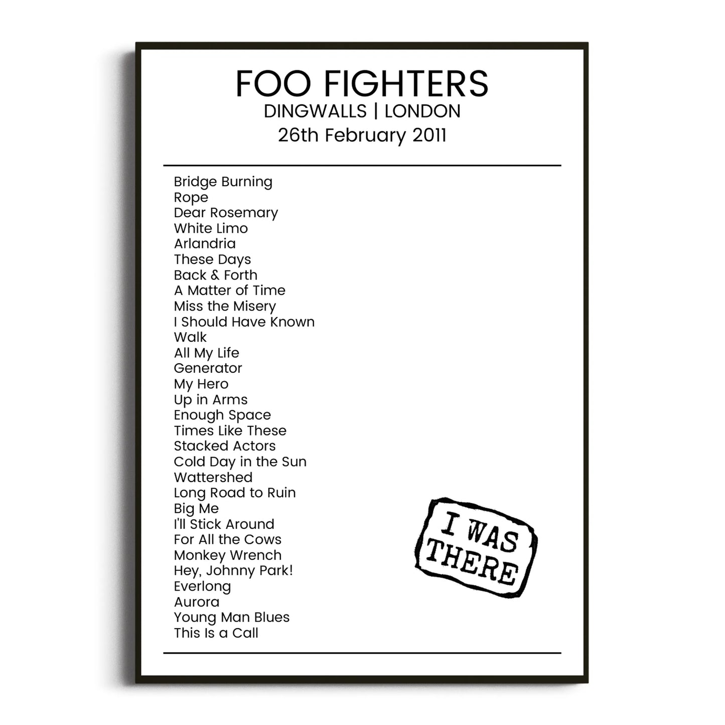 Foo Fighters London 26 February 2011 Setlist Poster