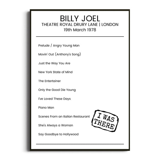 Billy Joel London 19 March 1978 Setlist Poster