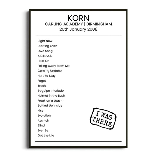 Korn Birmingham 20 January 2008 Setlist Poster