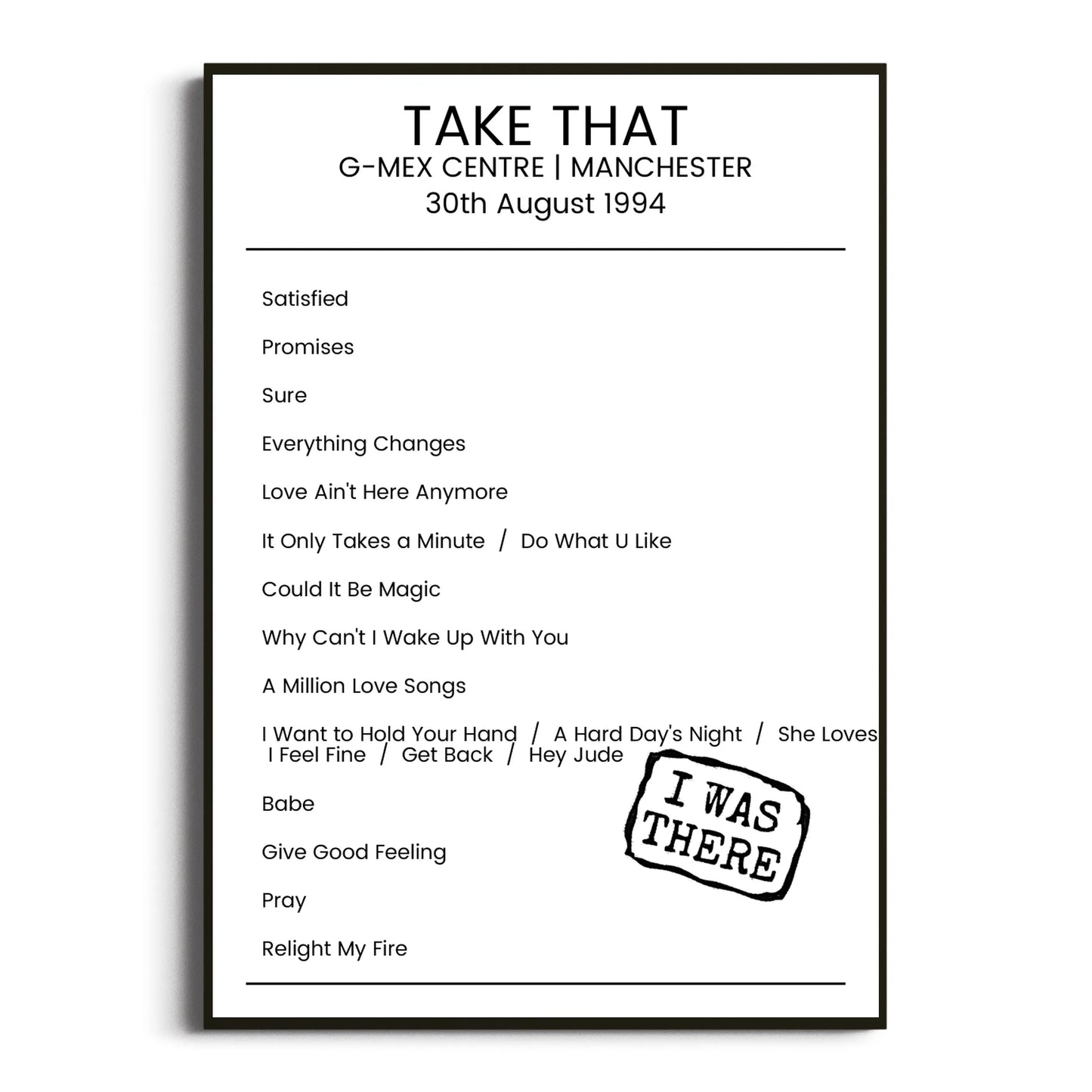 Take That Manchester 30 August 1994 Setlist Poster