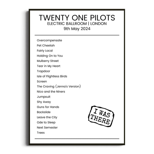 Twenty One Pilots London 09 May 2024 Setlist Poster