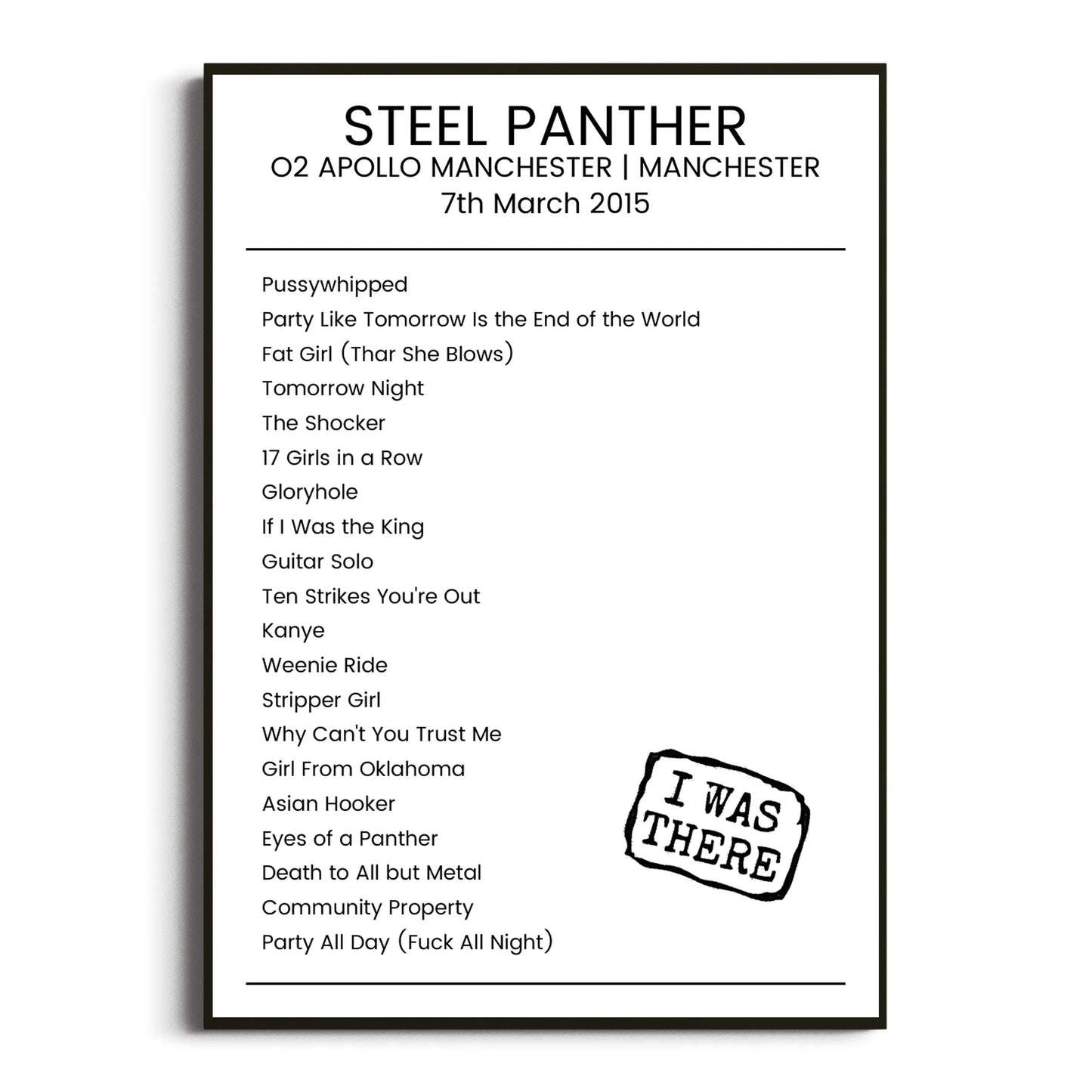 Steel Panther Manchester 07 March 2015 Setlist Poster