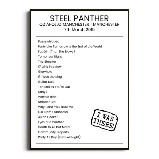 Steel Panther Manchester 07 March 2015 Setlist Poster