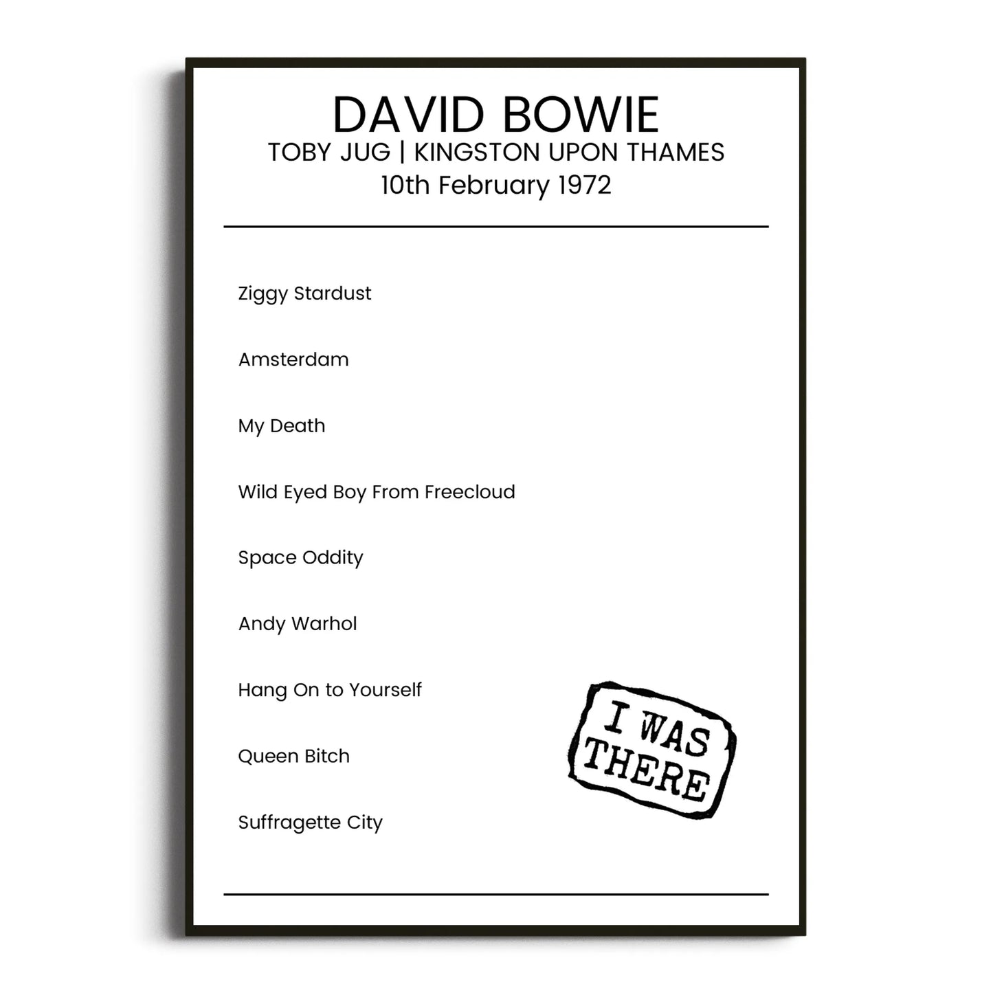 David Bowie Kingston upon Thames 10 February 1972 Setlist Poster