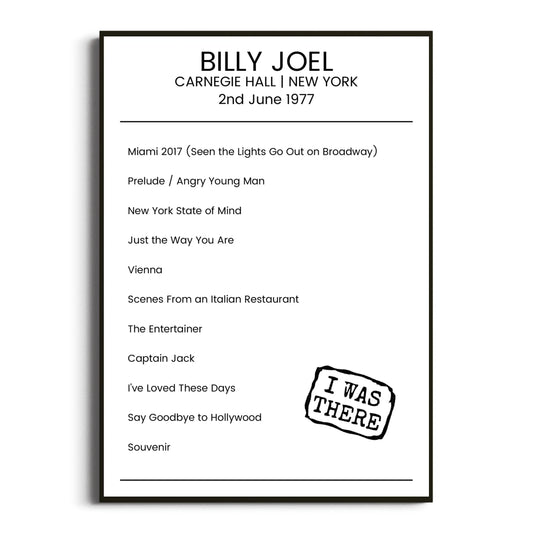 Billy Joel New York 02 June 1977 Setlist Poster