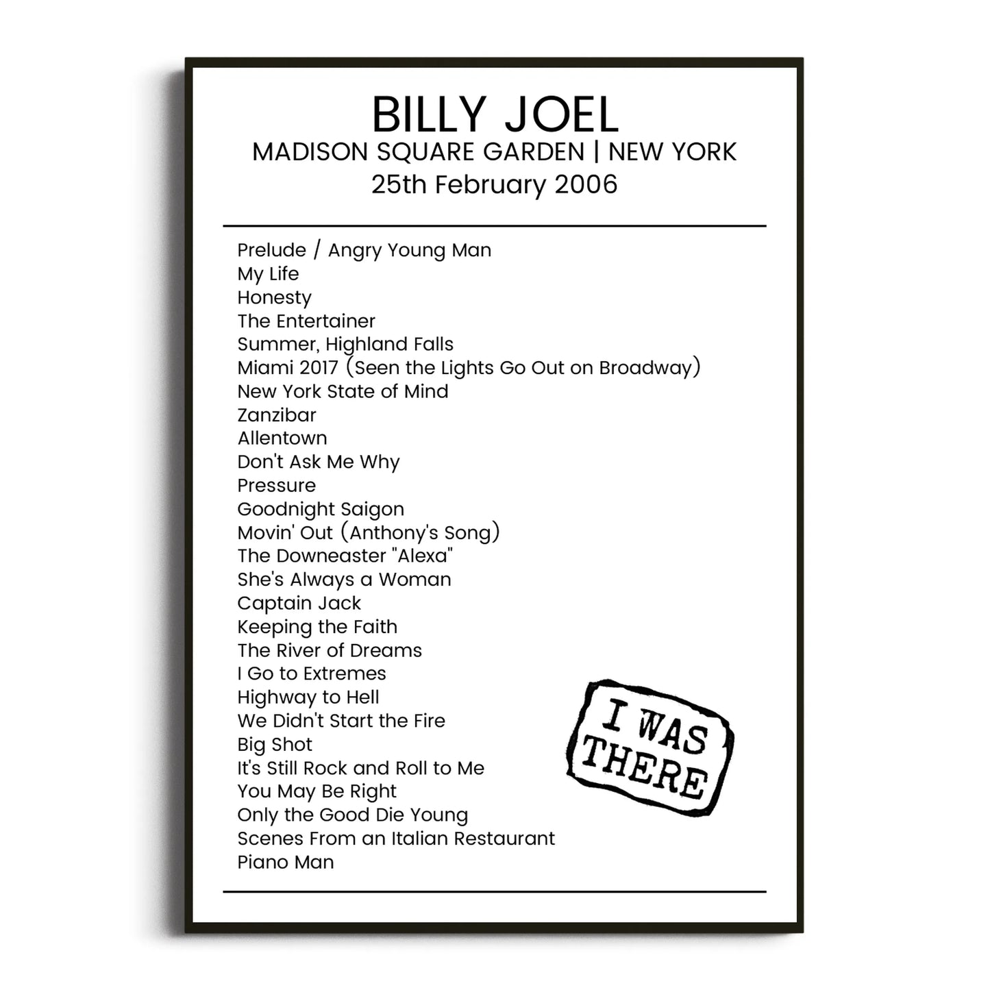 Billy Joel New York 25 February 2006 Setlist Poster