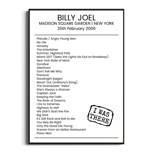 Billy Joel New York 25 February 2006 Setlist Poster