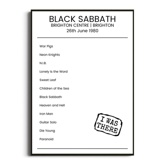 Black Sabbath Brighton 26 June 1980 Setlist Poster